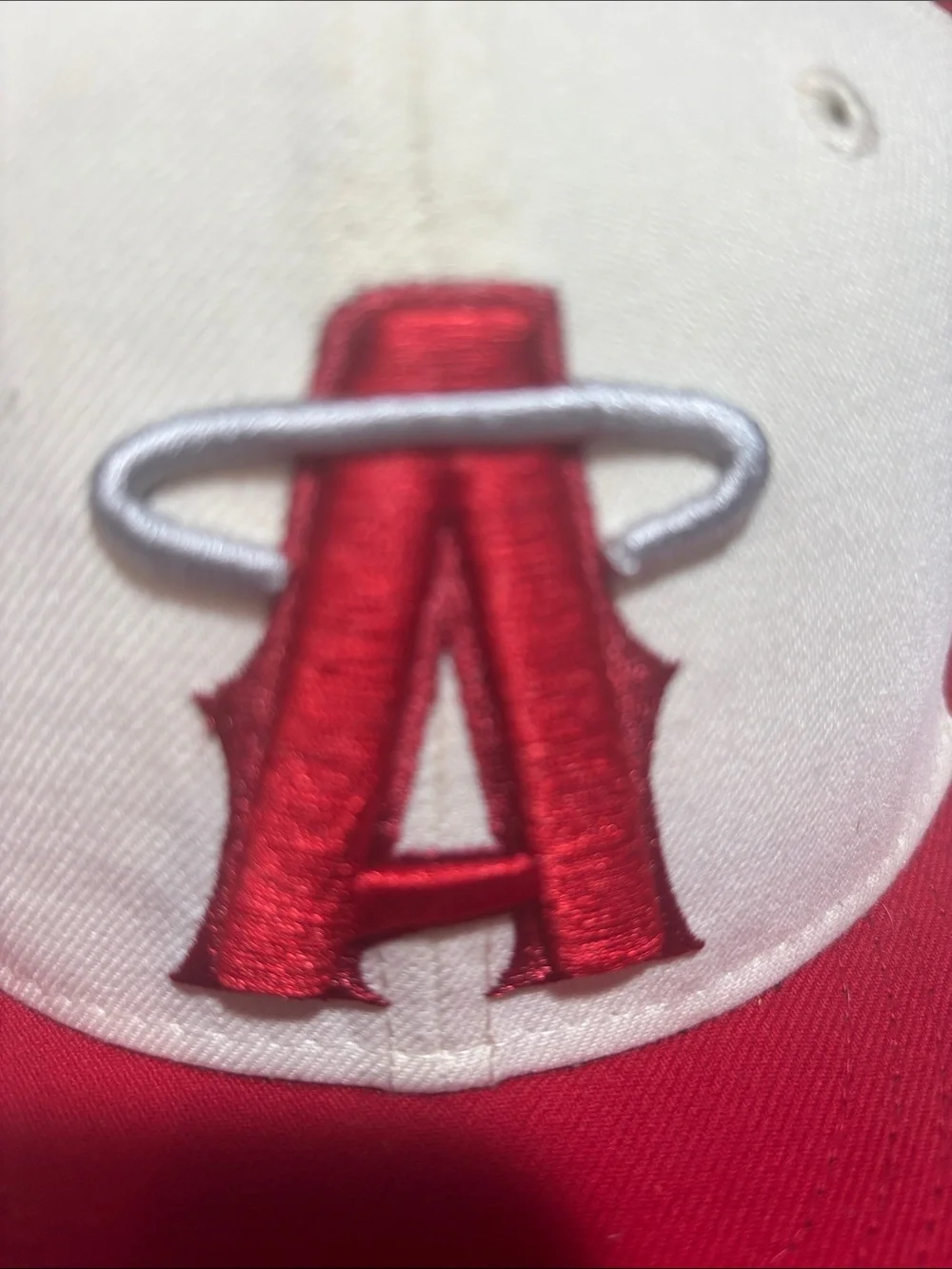 New Era Red and Cream Baseball Cap with Embroidered A Logo